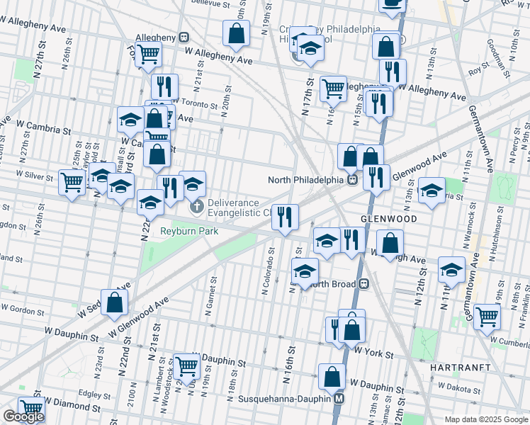 map of restaurants, bars, coffee shops, grocery stores, and more near 1820 West Sedgley Avenue in Philadelphia