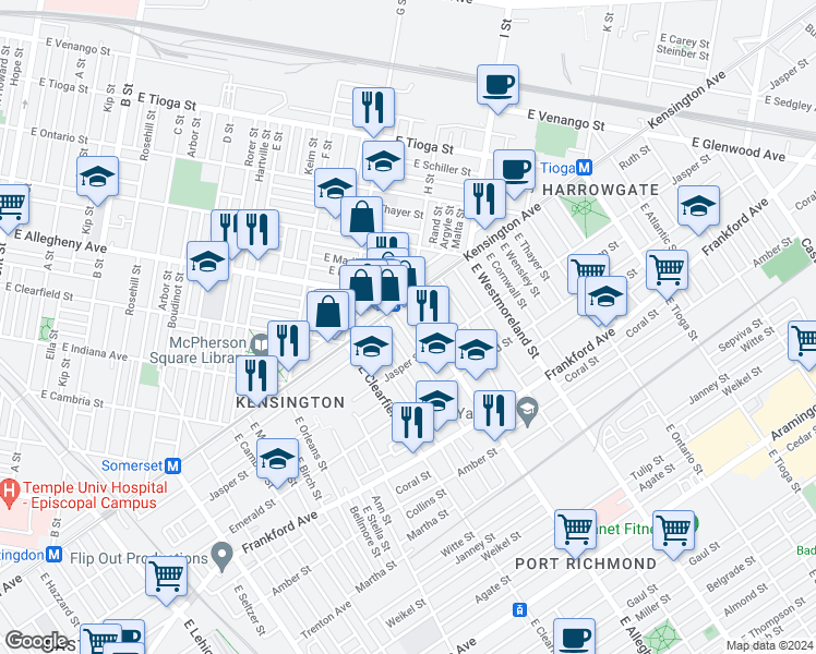 map of restaurants, bars, coffee shops, grocery stores, and more near 1821 East Wishart Street in Philadelphia
