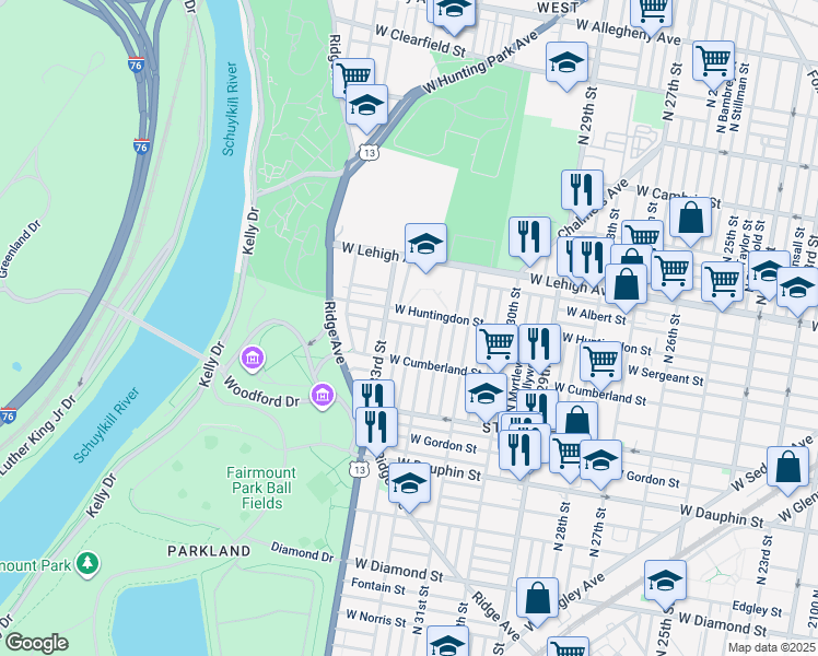 map of restaurants, bars, coffee shops, grocery stores, and more near 2548 North Natrona Street in Philadelphia