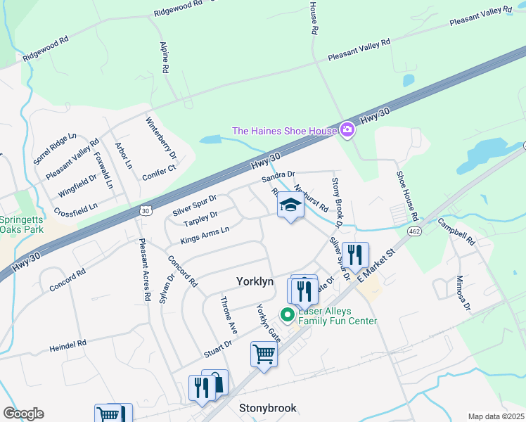 map of restaurants, bars, coffee shops, grocery stores, and more near 3899 Silver Spur Drive in York
