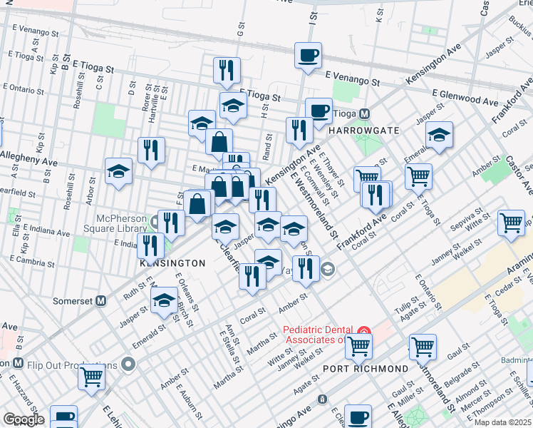 map of restaurants, bars, coffee shops, grocery stores, and more near 1837 East Allegheny Avenue in Philadelphia
