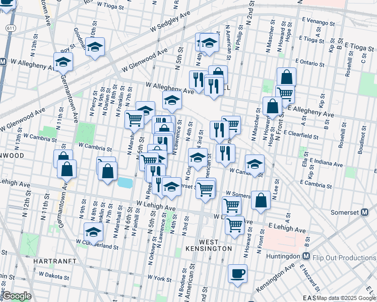 map of restaurants, bars, coffee shops, grocery stores, and more near 2937 North 4th Street in Philadelphia