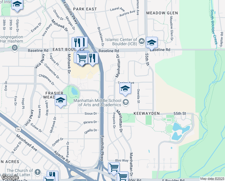 map of restaurants, bars, coffee shops, grocery stores, and more near 425 Manhattan Drive in Boulder