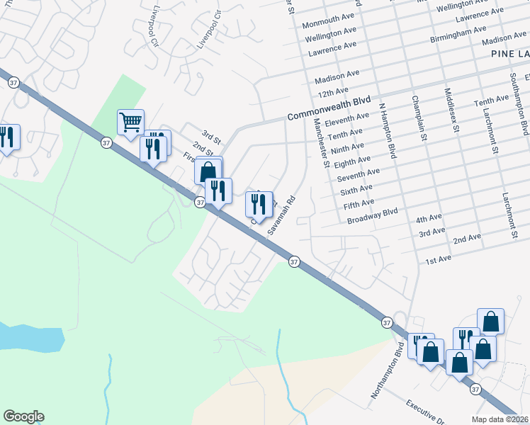 map of restaurants, bars, coffee shops, grocery stores, and more near 94 Colt Place in Manchester Township
