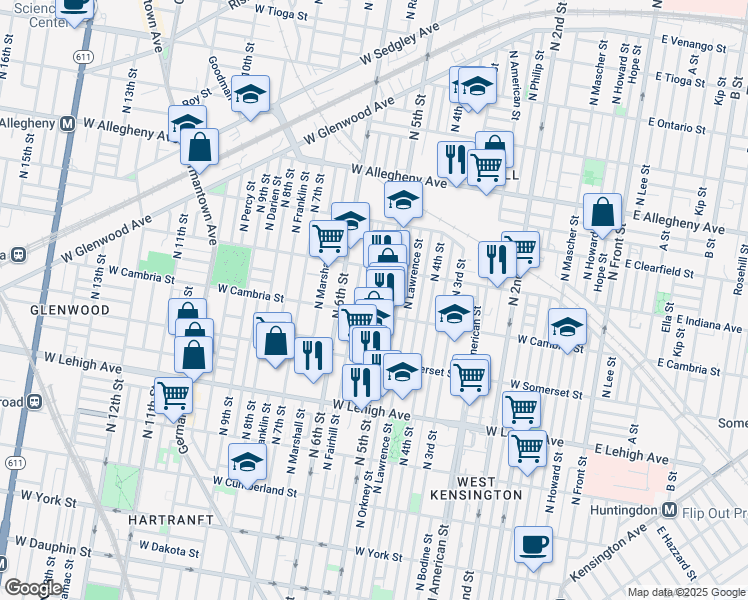 map of restaurants, bars, coffee shops, grocery stores, and more near 2919 North Reese Street in Philadelphia
