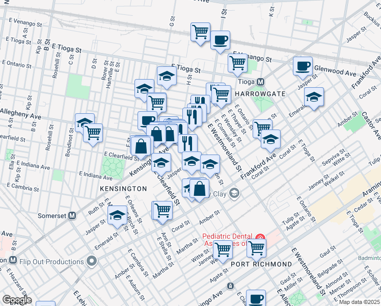 map of restaurants, bars, coffee shops, grocery stores, and more near 1837 East Allegheny Avenue in Philadelphia
