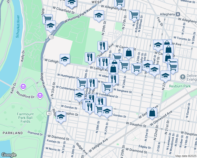 map of restaurants, bars, coffee shops, grocery stores, and more near 2842 West Harold Street in Philadelphia