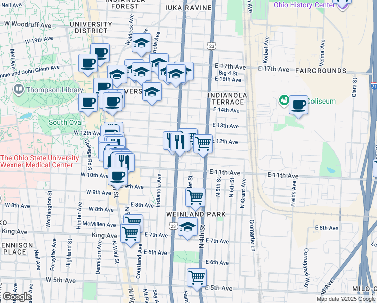 map of restaurants, bars, coffee shops, grocery stores, and more near in Columbus