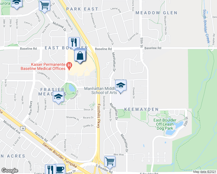 map of restaurants, bars, coffee shops, grocery stores, and more near in Boulder