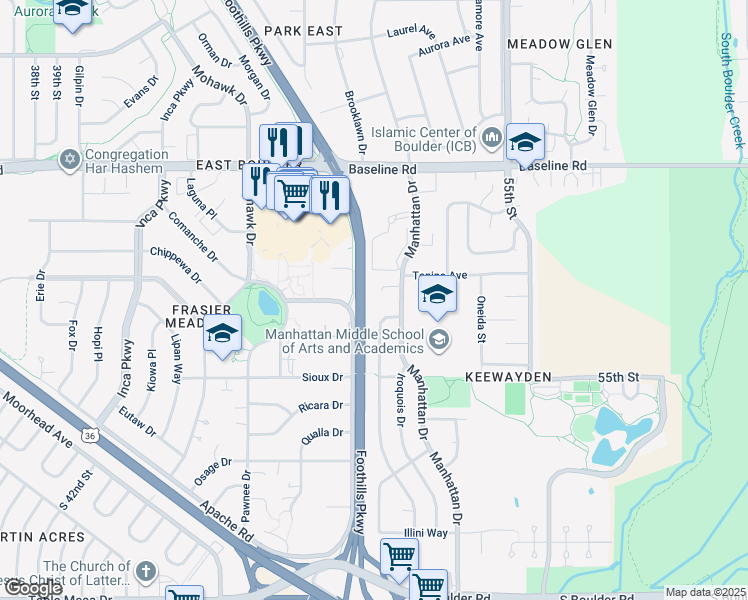 map of restaurants, bars, coffee shops, grocery stores, and more near 5145 Santa Clara Place in Boulder