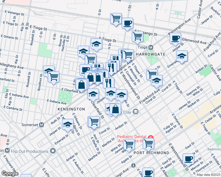 map of restaurants, bars, coffee shops, grocery stores, and more near 1829 East Allegheny Avenue in Philadelphia