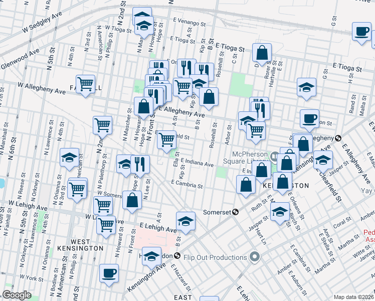 map of restaurants, bars, coffee shops, grocery stores, and more near 3034 B Street in Philadelphia