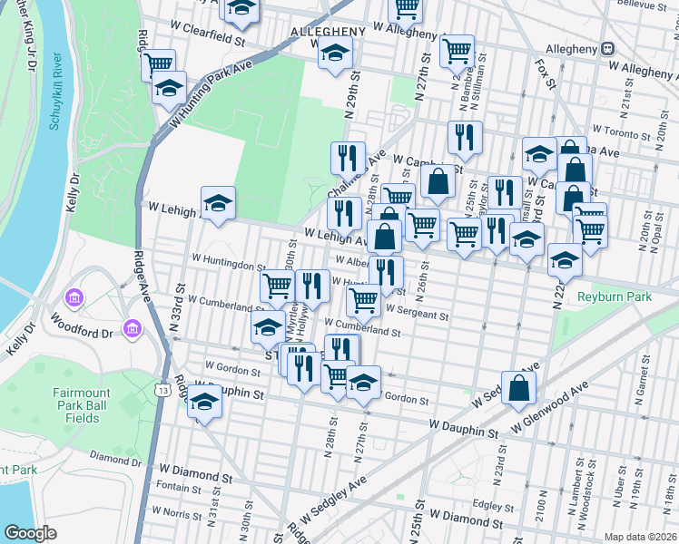 map of restaurants, bars, coffee shops, grocery stores, and more near 2621 North 29th Street in Philadelphia