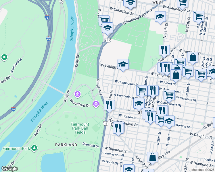 map of restaurants, bars, coffee shops, grocery stores, and more near 3313 West Sergeant Street in Philadelphia