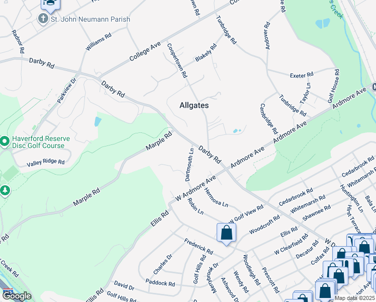 map of restaurants, bars, coffee shops, grocery stores, and more near 30 Dartmouth Lane in Haverford