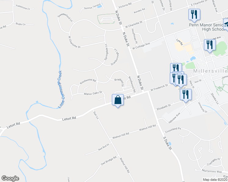 map of restaurants, bars, coffee shops, grocery stores, and more near 155 Cartledge Lane in Millersville