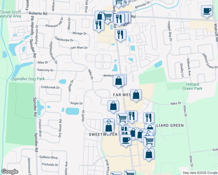 map of restaurants, bars, coffee shops, grocery stores, and more near 2347 Hilliard Rome Road in Hilliard