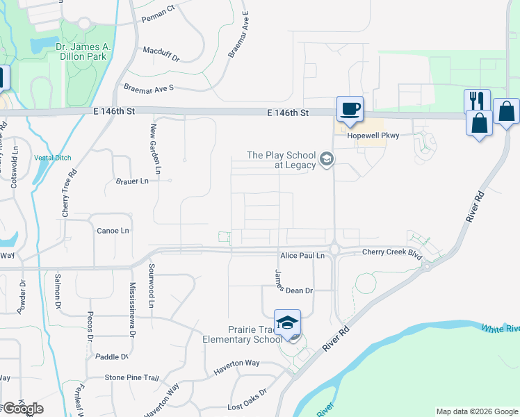 map of restaurants, bars, coffee shops, grocery stores, and more near 14277 James Dean Drive in Carmel