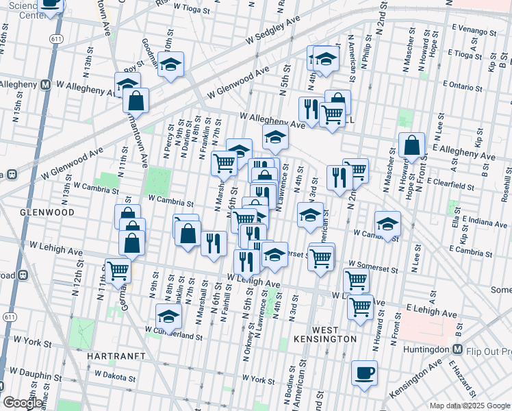 map of restaurants, bars, coffee shops, grocery stores, and more near 2921 North Reese Street in Philadelphia