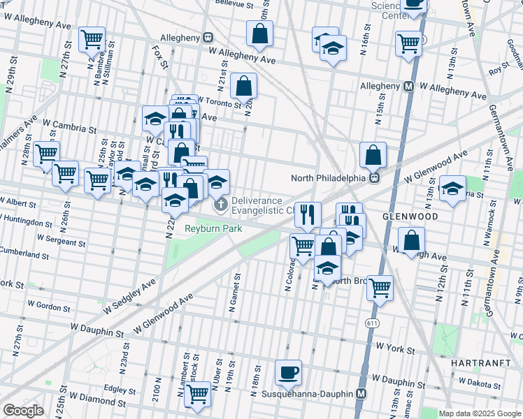 map of restaurants, bars, coffee shops, grocery stores, and more near 2717 North 19th Street in Philadelphia