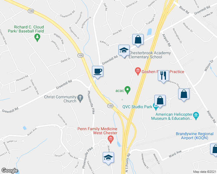 map of restaurants, bars, coffee shops, grocery stores, and more near 1157 Phoenixville Pike in West Chester