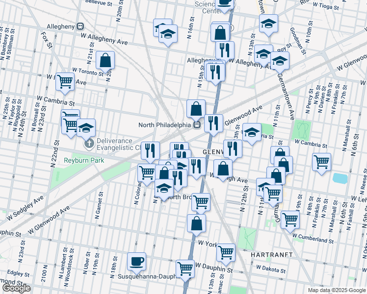 map of restaurants, bars, coffee shops, grocery stores, and more near 1500 West Glenwood Avenue in Philadelphia