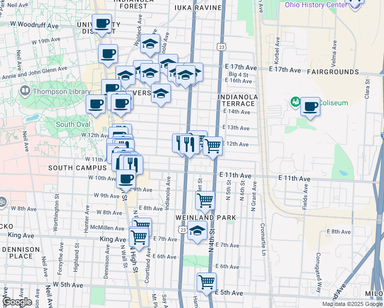 map of restaurants, bars, coffee shops, grocery stores, and more near 230 Chittenden Avenue in Columbus