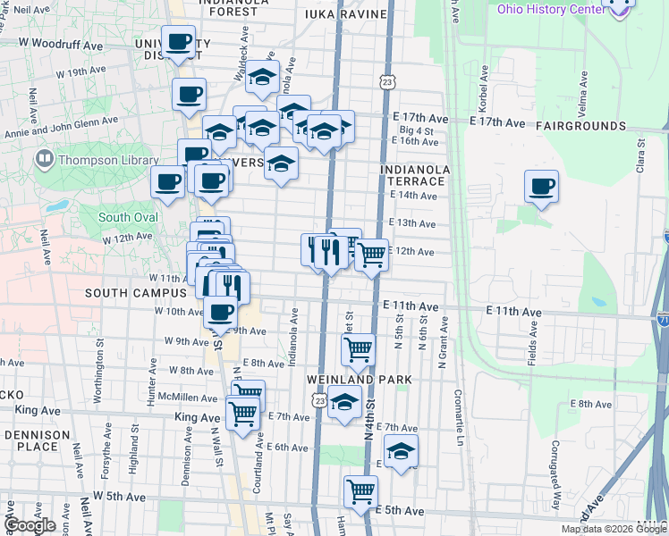 map of restaurants, bars, coffee shops, grocery stores, and more near 1608 Summit Street in Columbus