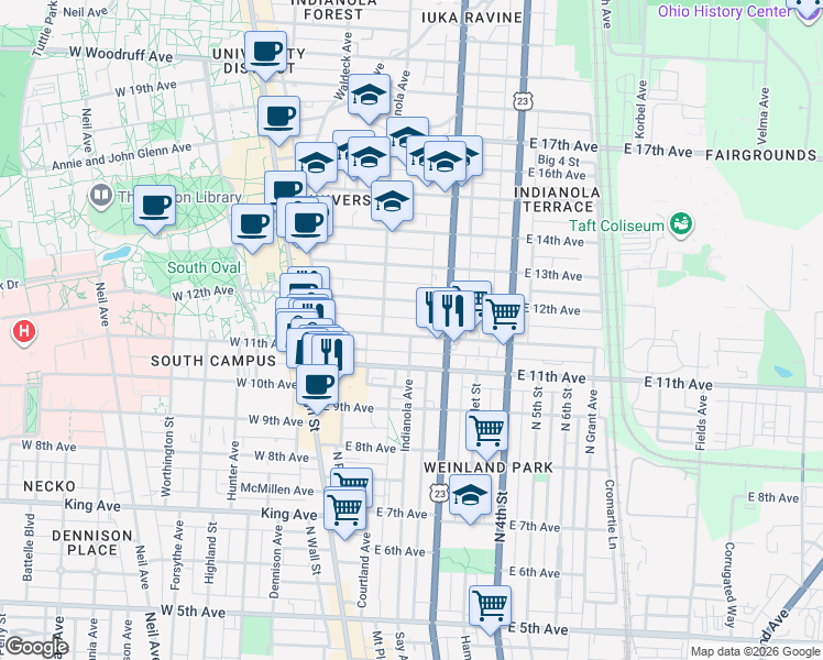 map of restaurants, bars, coffee shops, grocery stores, and more near 158 Chittenden Avenue in Columbus