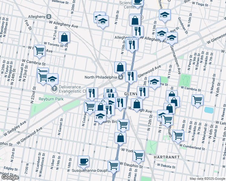 map of restaurants, bars, coffee shops, grocery stores, and more near 1500 West Glenwood Avenue in Philadelphia