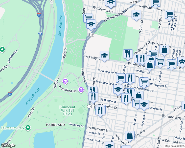 map of restaurants, bars, coffee shops, grocery stores, and more near 2541 North Spangler Street in Philadelphia