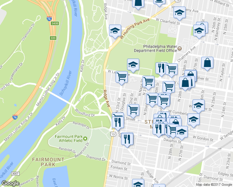 map of restaurants, bars, coffee shops, grocery stores, and more near 2541 North Spangler Street in Philadelphia