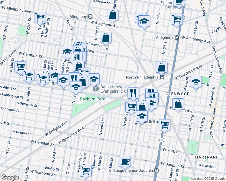 map of restaurants, bars, coffee shops, grocery stores, and more near 2717 North 19th Street in Philadelphia