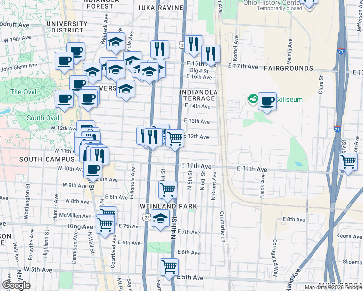 map of restaurants, bars, coffee shops, grocery stores, and more near 335 East 12th Avenue in Columbus