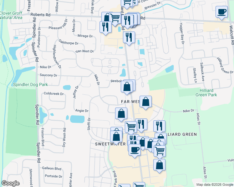 map of restaurants, bars, coffee shops, grocery stores, and more near 2347 Hilliard Rome Road in Hilliard