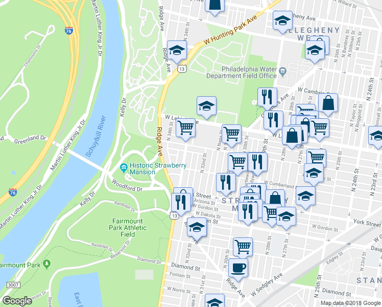 map of restaurants, bars, coffee shops, grocery stores, and more near 2548 North Douglas Street in Philadelphia
