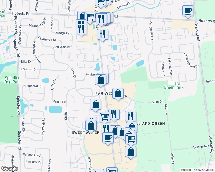 map of restaurants, bars, coffee shops, grocery stores, and more near 2214 Hilliard Rome Road in Columbus