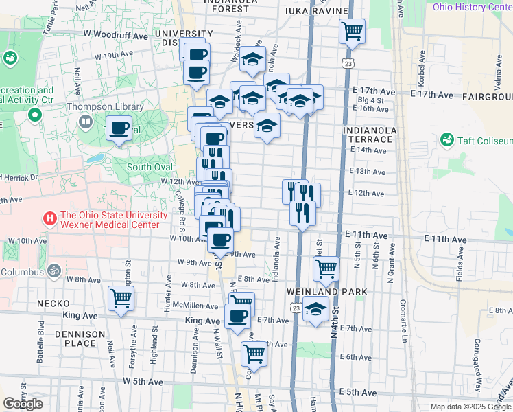 map of restaurants, bars, coffee shops, grocery stores, and more near 98 Chittenden Avenue in Columbus