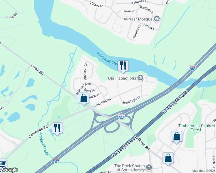 map of restaurants, bars, coffee shops, grocery stores, and more near 42 Compass Circle in Mount Laurel Township