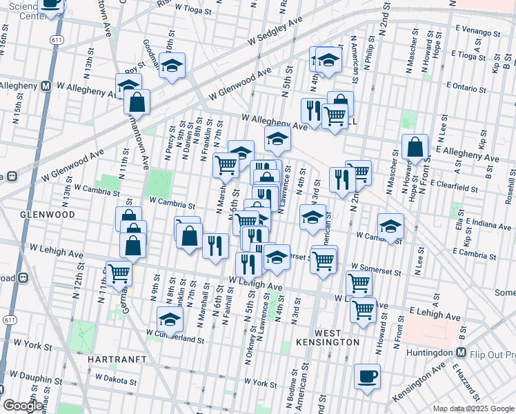 map of restaurants, bars, coffee shops, grocery stores, and more near 2923 North Reese Street in Philadelphia