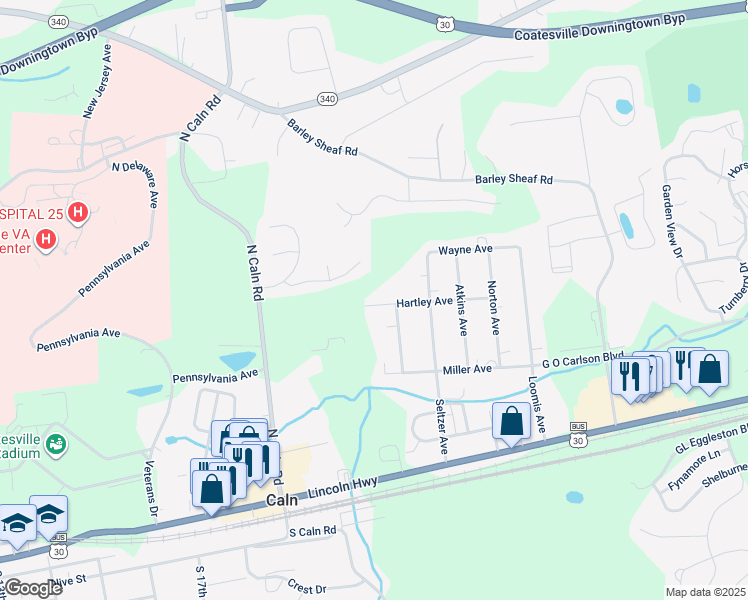 map of restaurants, bars, coffee shops, grocery stores, and more near 2221 Hartley Avenue in Coatesville