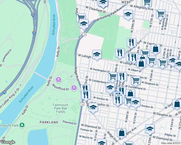 map of restaurants, bars, coffee shops, grocery stores, and more near 2548 North Douglas Street in Philadelphia