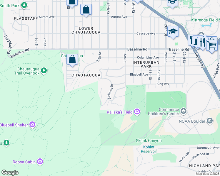 map of restaurants, bars, coffee shops, grocery stores, and more near 265 Bellevue Drive in Boulder