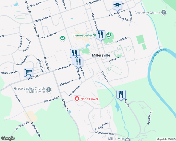map of restaurants, bars, coffee shops, grocery stores, and more near 31 Mary Street in Millersville