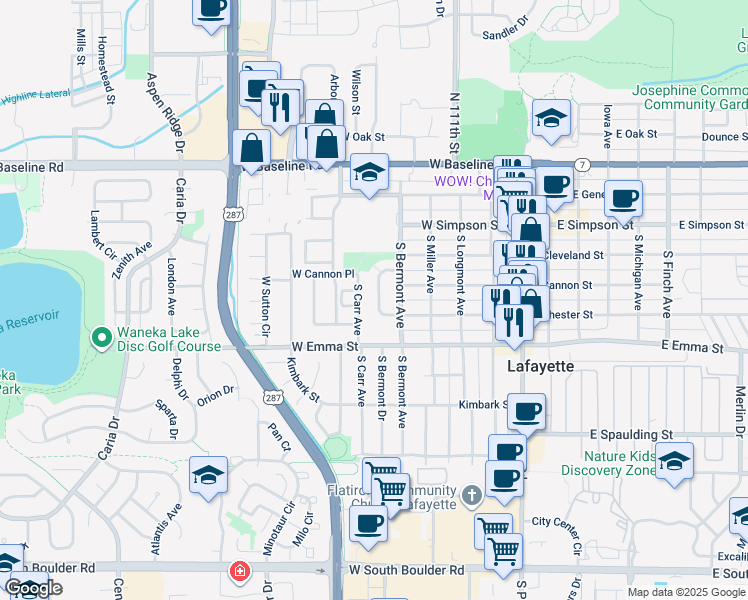 map of restaurants, bars, coffee shops, grocery stores, and more near 315 Saint Ida Circle in Lafayette