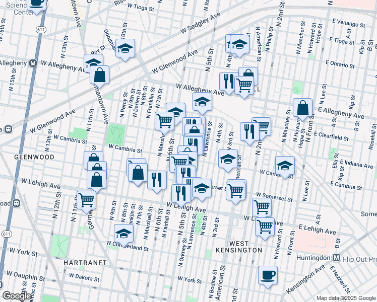 map of restaurants, bars, coffee shops, grocery stores, and more near 2923 North Reese Street in Philadelphia