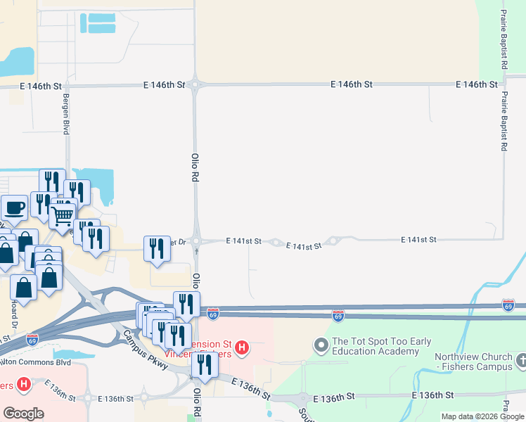 map of restaurants, bars, coffee shops, grocery stores, and more near 14002 East 141st Street in Noblesville