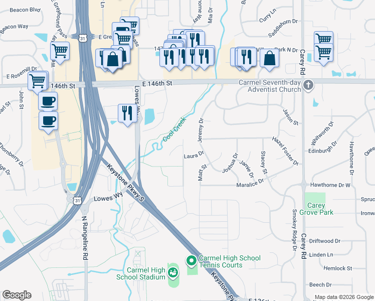 map of restaurants, bars, coffee shops, grocery stores, and more near 14349 Laura Vista Drive in Carmel