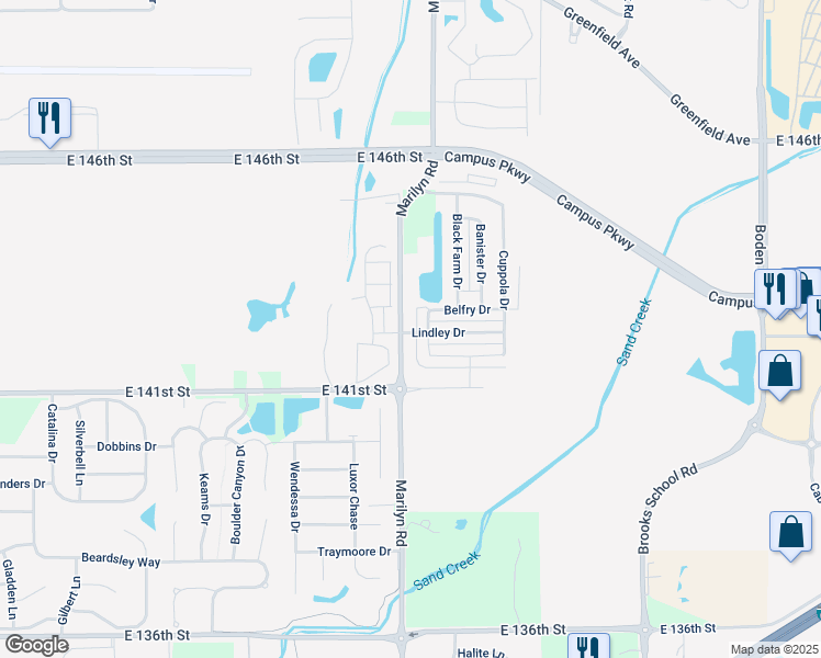 map of restaurants, bars, coffee shops, grocery stores, and more near 14242 Marilyn Road in Noblesville