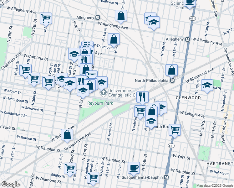 map of restaurants, bars, coffee shops, grocery stores, and more near 2729 North Garnet Street in Philadelphia